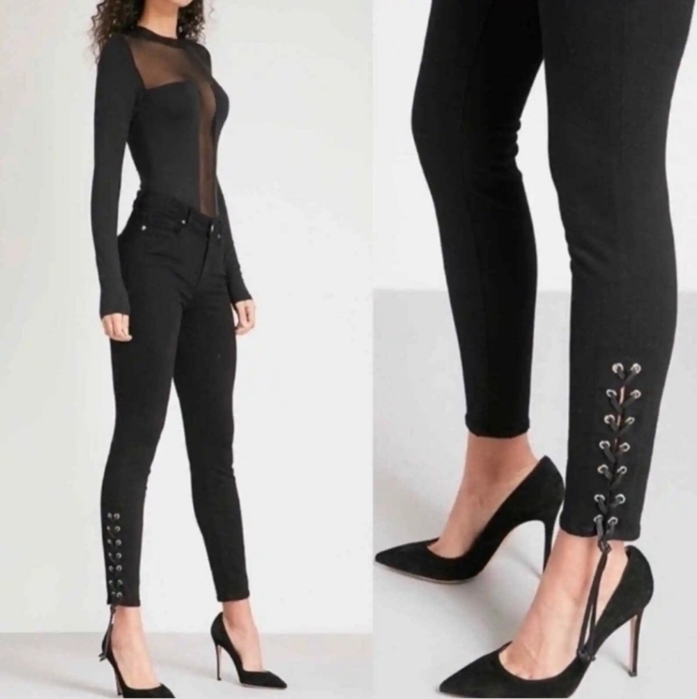 Good American 4/27 Good Leg Jeans Ankle Lace Up High Rise Stretch Black
